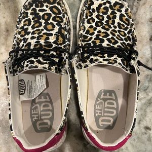 Brand new youth size 3, pink cheetah, print. Hey dude shoes